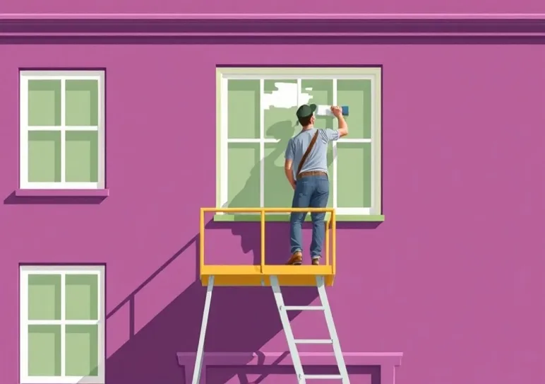 Peintre sur échafaudage traitant la façade d'une maison